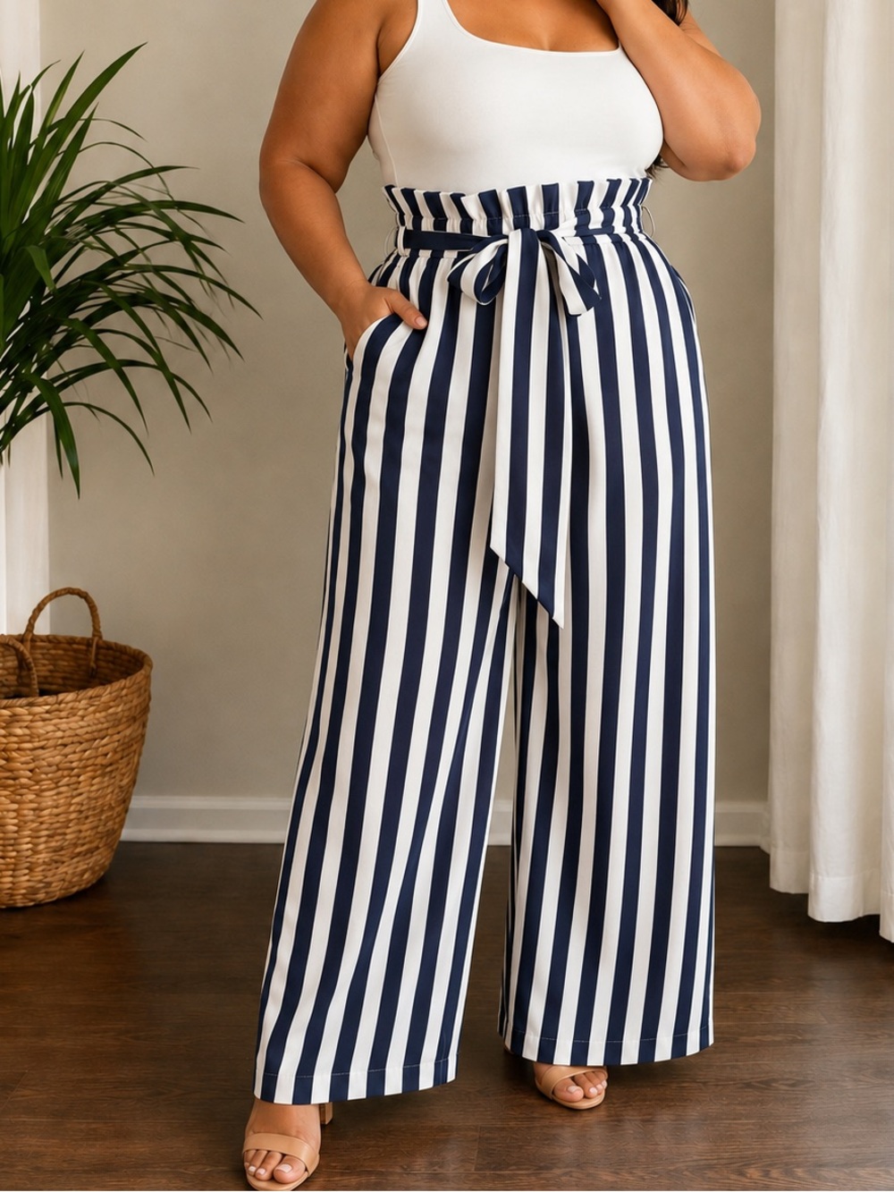 Navy & White Striped Silky Wide-Leg Pants | 1X | Paperbag Waist | Tie Belt